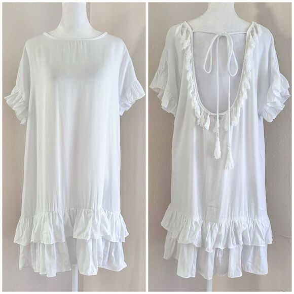 Mulla Dresses & Skirts - Mulla Open Back Fringe White Boho Ruffle Hem Dress Size S